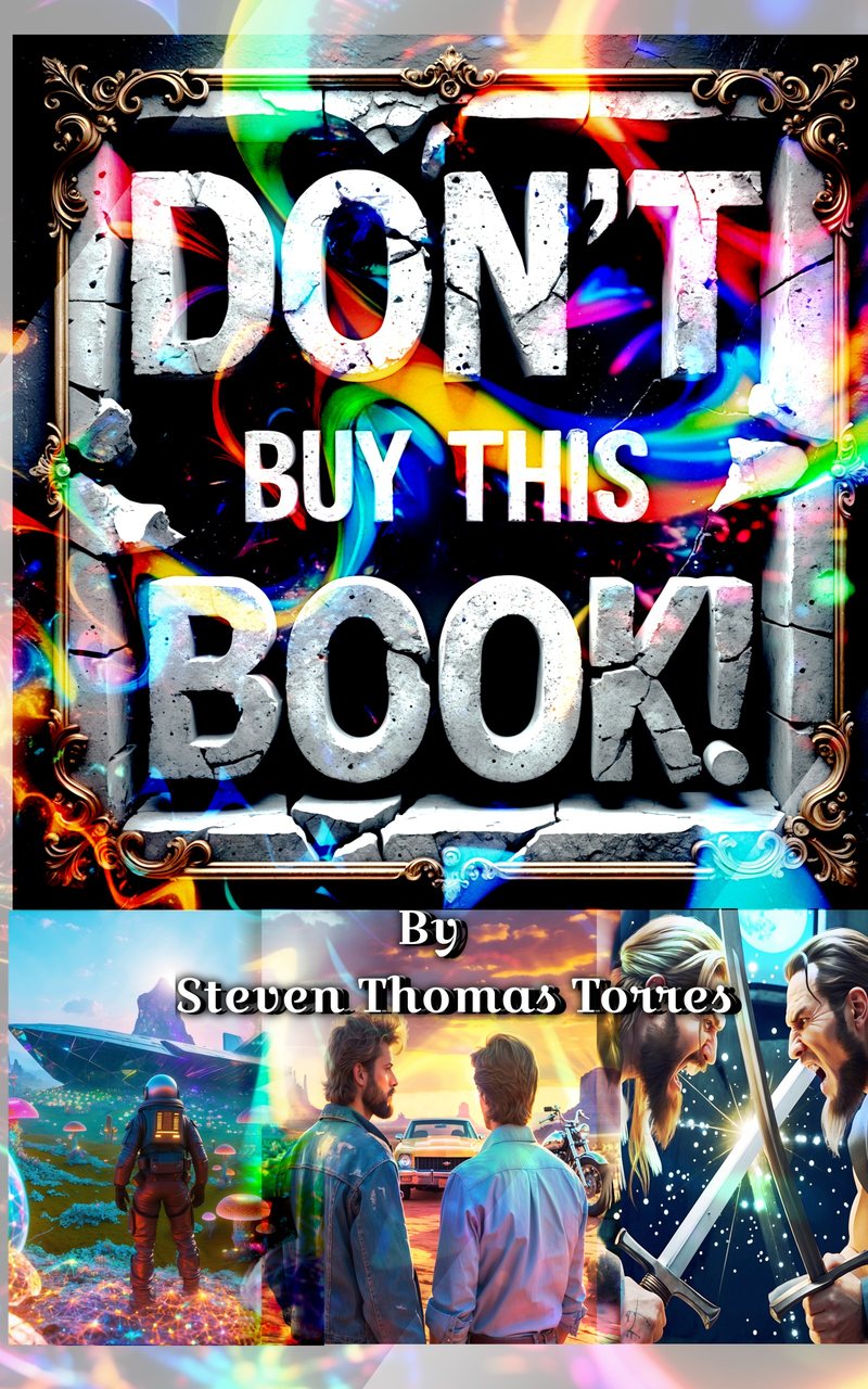Cover of Don't Buy This Book! by Steven Thomas Torres: cracked stone title letters over psychedelic rainbow swirls